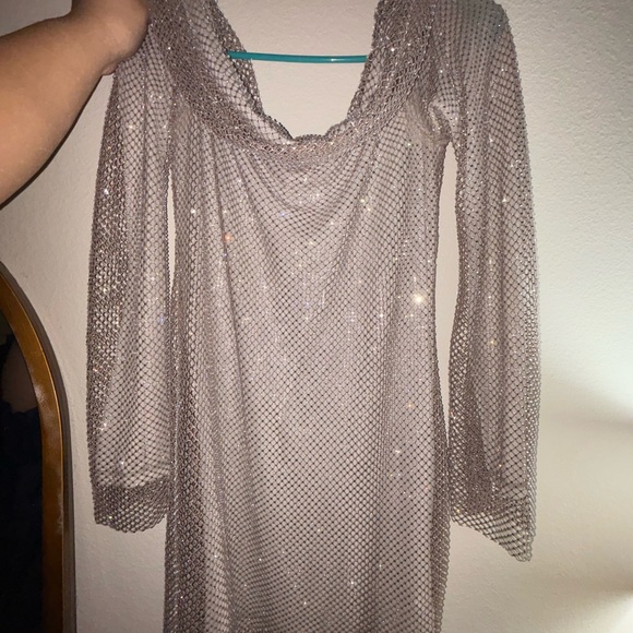 White Fox Back Track Long Sleeve Embellished Mini Dress Taupe SIZE L - Picture 3 of 8